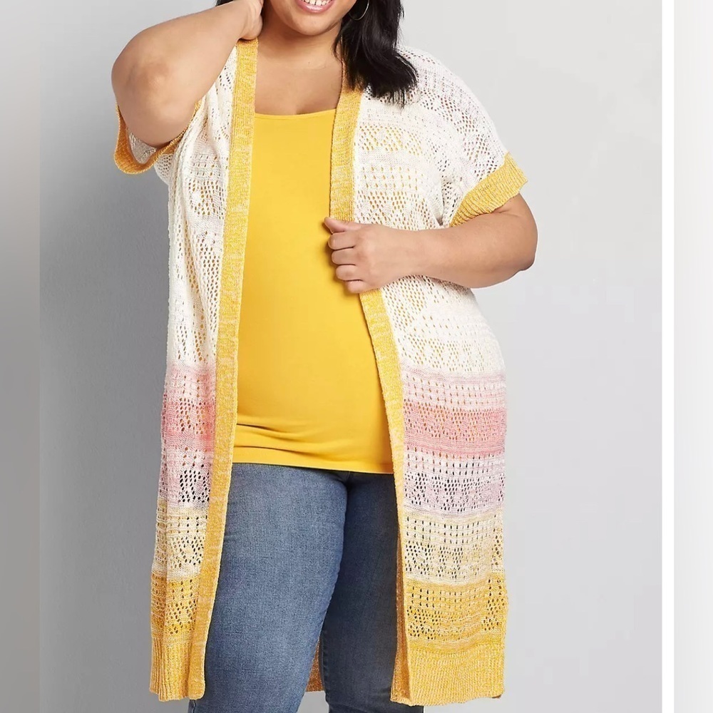 Lane Bryant Ombre Pointelle-Stripe Cardigan yellow pink purple  Size 22/24 - Picture 2 of 3